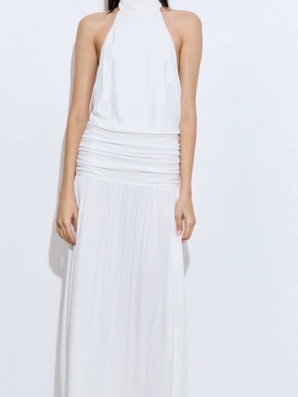 Women's White Halter Maxi Skirt Dress with Ruched Waist
